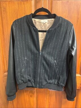 easel Black Pinstripe Bomber Jacket with Leather Sleeves
